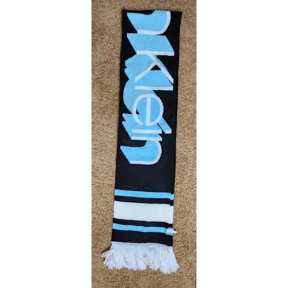 Calvin Klein Men’s Blue Black White Logo Spell Out Fringe Thick Scarf 9" X 74" - Picture 2 of 11
